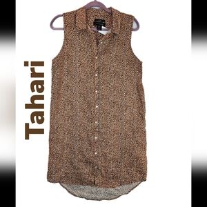 Tahari White Black Brown Print 100% Linen Buttondown Sleeveless Dress Sz M